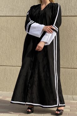 Black Jacquard Striped Abaya