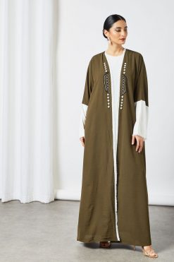 bsi3515 3 Green Beads Embellished Bisht Abaya with Inner