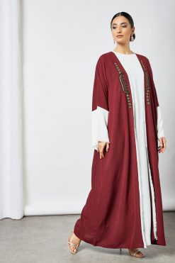 bsi3519 3 Maroon beads embellished bisht abaya with inner