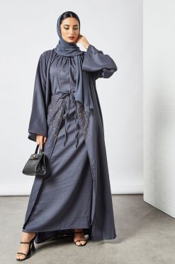 Beads Embellished Three Piece Abaya Set