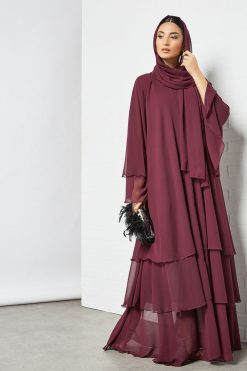 Burgundy layered chiffon abaya