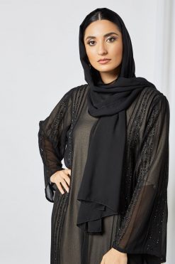 bsi3549 4 Black organza beads embellished bisht abaya