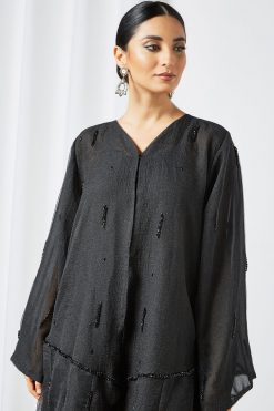 bsi3550 2 Black organza beads embellished bisht abaya