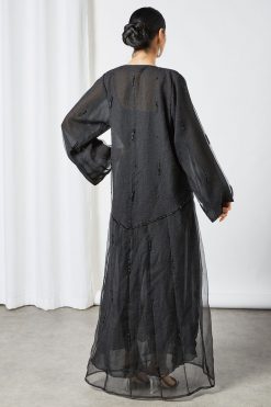bsi3550 3 Black organza beads embellished bisht abaya