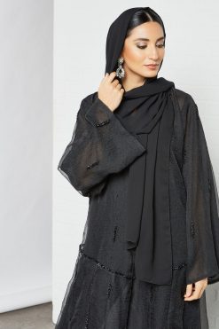 bsi3550 4 Black organza beads embellished bisht abaya