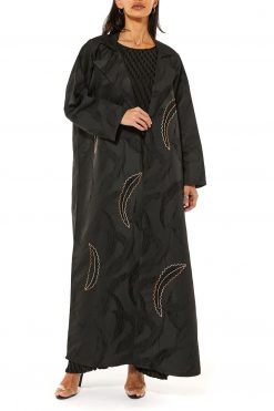 MOI1121008 6 Black Jacquard Abaya with Handwork