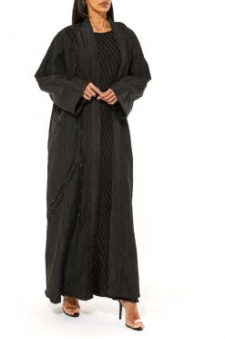 Black Pleated Taffeta Abaya Embellished with Handwork
