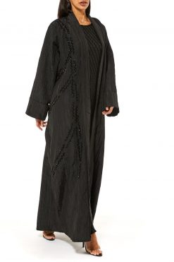 MOI1121012 2 Black Pleated Taffeta Abaya Embellished with Handwork