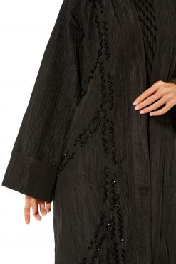 MOI1121012 3 Black Pleated Taffeta Abaya Embellished with Handwork