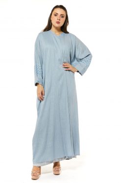 Blue Linen Abaya with Threadwork