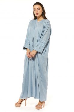 MOI1121059 3 Blue Linen Abaya with Threadwork