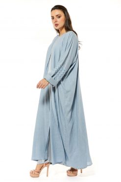 MOI1121059 4 Blue Linen Abaya with Threadwork