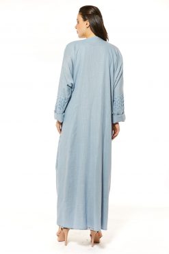 MOI1121059 6 Blue Linen Abaya with Threadwork