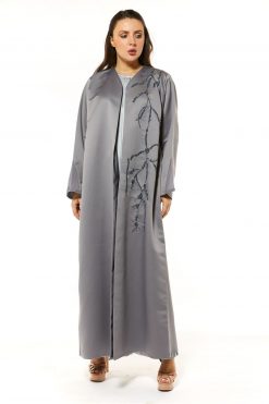 Bridal Satin Grey Abaya With Hand Embroidery