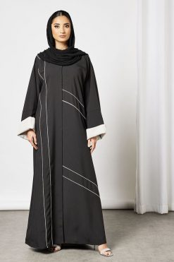 Bsi3559 3 Black Pipened Embellished Abaya