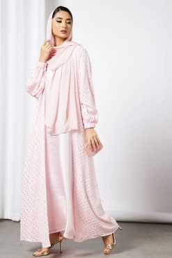 Pink Embossed Print Abaya With Inner