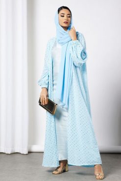 Blue Embossed Print Bisht Abaya With Inner
