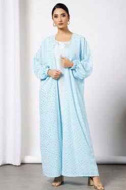 bsi3568 3 Blue Embossed Print Bisht Abaya With Inner