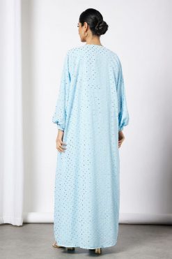 bsi3568 4 Blue Embossed Print Bisht Abaya With Inner