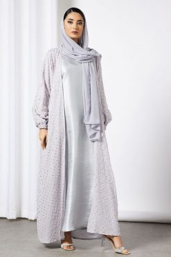 Grey Embossed Print Bisht Abaya With Inner