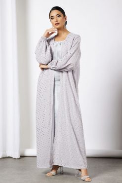 bsi3569 3 Grey Embossed Print Bisht Abaya With Inner