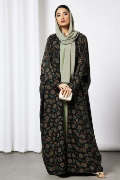 Black Self Print Abaya With Inner