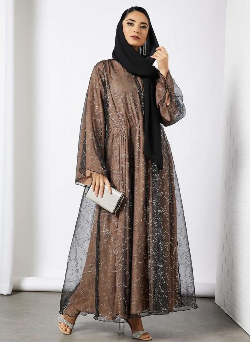 Black Self Print Abaya With Inner