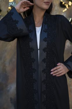 Black leather Embroidery abaya 10 BAHI 000020 3 Black leather Embroidery abaya