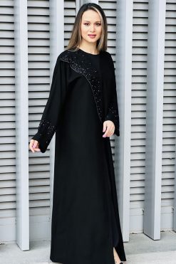 MOI032207 2 Embroidered Korean Crepe Black Abaya