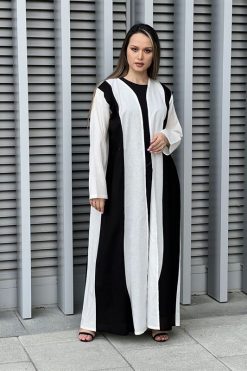 MOI032227 5 rotated Black & White Linen Abaya