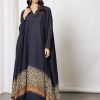 Self printed pleated abaya 11 Navy Self Print