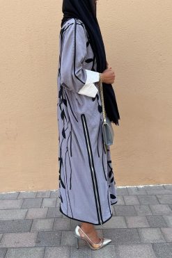 YN 22132 3 Leaf Grey Abaya