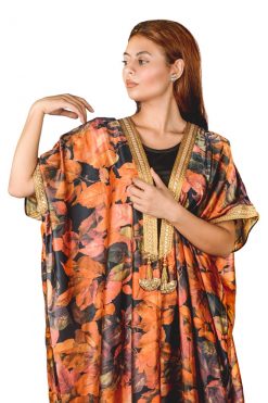 BR202133 4 1 Black And Orange Leaves Print Bisht