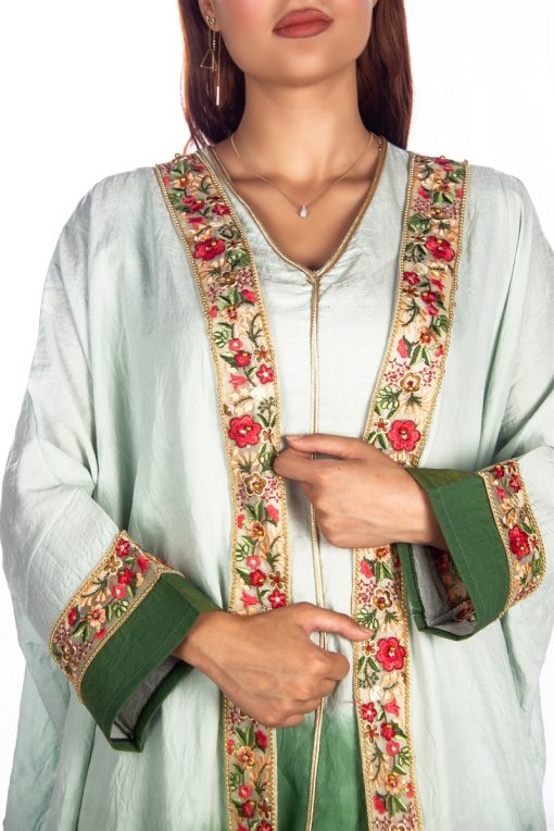 Sky Blu-Green Bisht Set With Colored Flowers Embroidery