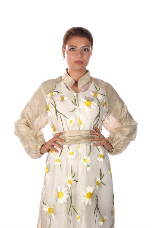 Beige-Silver Silk With Sunflower Embroidered Organza Bisht