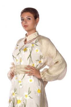 BR202146 4 1 Beige-Silver Silk With Sunflower Embroidered Organza Bisht