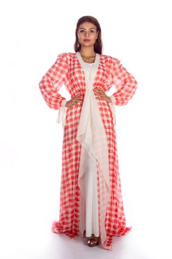 Orange-White Check Print Beach Dress