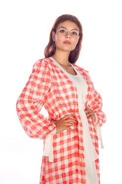 BR202149 4 1 Orange-White Check Print Beach Dress