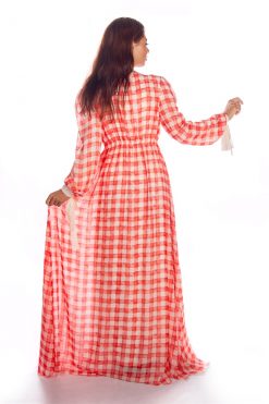 BR202149 5 1 Orange-White Check Print Beach Dress