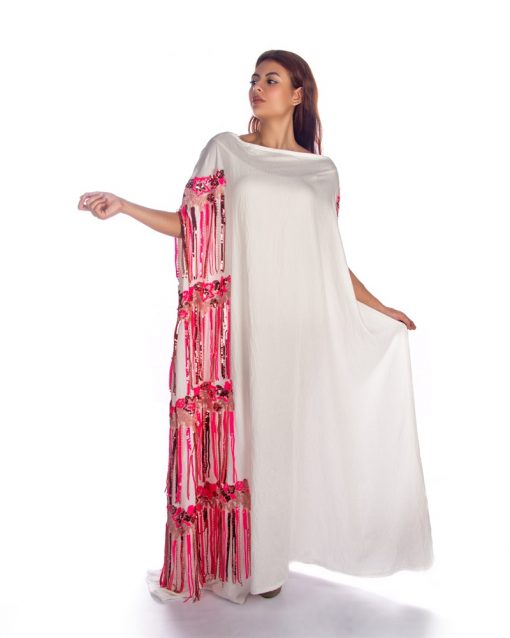 White Caftan Dress With Pink Tassels