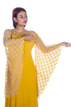 Yellow Caftan Dress With Sequince Sleeves