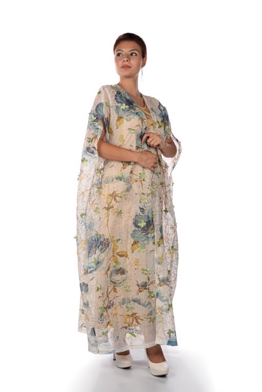 Beige Bisht With 3D Flowers