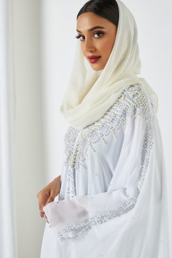 bsi3209 2 Pearls And Beads White Abaya