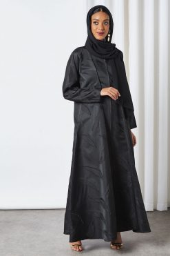 bsi3280 1 Embossed Feather Black Abaya