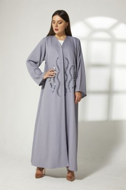 MOIBH013 6 Grey Crepe Embroidery Abaya
