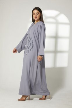 MOIBH013 7 Grey Crepe Embroidery Abaya