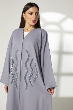 MOIBH013 8 Grey Crepe Embroidery Abaya