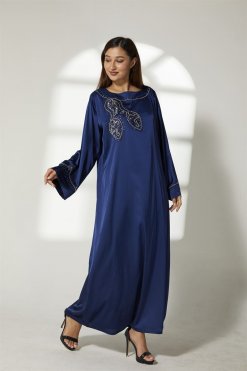 MOIBH016 6 Navy Silk Hand Embroidered Kaftan