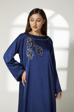 MOIBH016 7 Navy Silk Hand Embroidered Kaftan