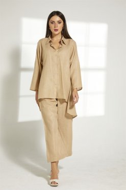 MOITW012 7 Beige Linen Top And Pants Set